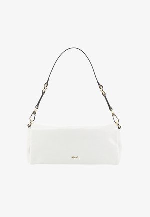 Weiße rechteckige Umhängetasche mit schwarzem Trageriemen und kleinem goldenen "abro"-Logo auf der Vorderseite.