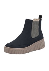 Bottine marine foncé en matière lisse avec des panneaux élastiques gris texturés sur les côtés et une semelle épaisse beige.