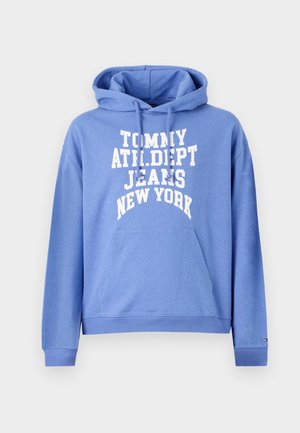 Sinine kapuutsiga sweatshirth, mis on valmistatud puuvillase segu materjalist, esiküljel tasku ja silmapaistev valge tekst: "TOMMY ATHL.DAPT JEANS NEW YORK." Ribaga mansetid.