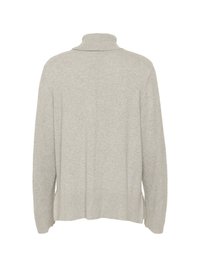 Hellgrauer Pullover mit hohem Kragen, geripptem Saum und seitlichen Schlitzen. Hergestellt aus weichem Stoff mit lockerem Schnitt und minimalen Nähten.