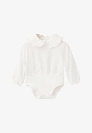 Belo otroško bodi z dolgimi rokavi, volanskim ovratnikom in teksturiranim vzorcem pikic. Nakit na spodnjem delu omogoča enostavno oblačenje.