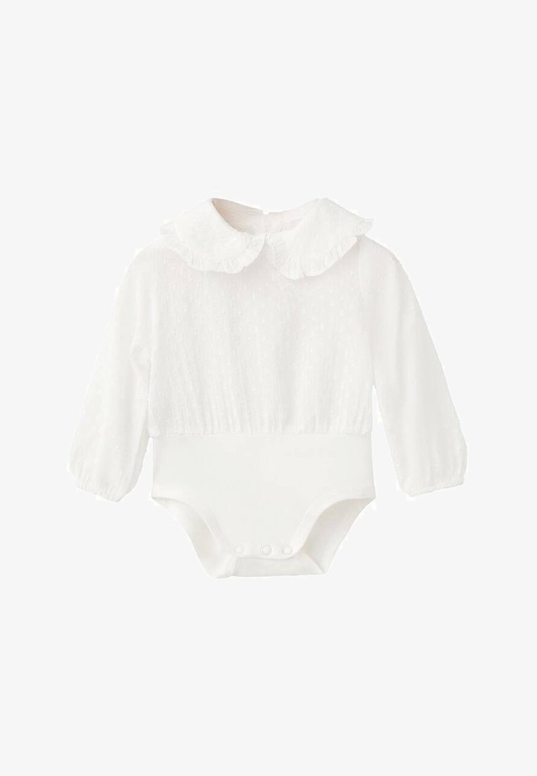 Body bianco per neonati con maniche lunghe, colletto arricciato e design a pois in rilievo. Chiusura a scatto sul fondo per facilitare la vestizione.