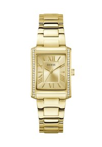 Gold rectangular watch with a textured face, Roman numerals, and crystal accents on the bezel. Metal link bracelet completes the design.