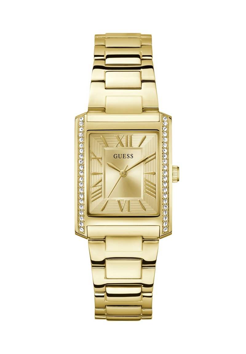 Gold rectangular watch with a textured face, Roman numerals, and crystal accents on the bezel. Metal link bracelet completes the design.