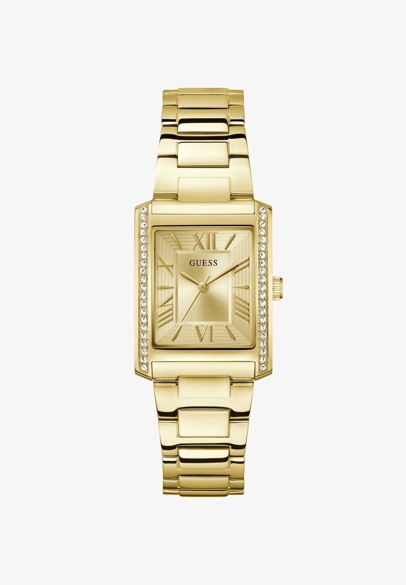 Gold rectangular watch with a textured face, Roman numerals, and crystal accents on the bezel. Metal link bracelet completes the design.