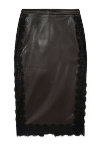 Gonna a matita in pelle nera con rifiniture in pizzo nero sui lati, caratterizzata da una texture liscia e un design aderente.