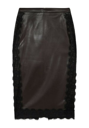 Gonna a matita in pelle nera con rifiniture in pizzo nero sui lati, caratterizzata da una texture liscia e un design aderente.