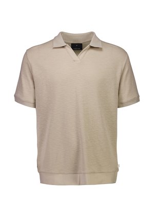 Polo beige a maniche corte in maglia testurizzata con colletto, scollatura a V e orlo e polsini a costine.