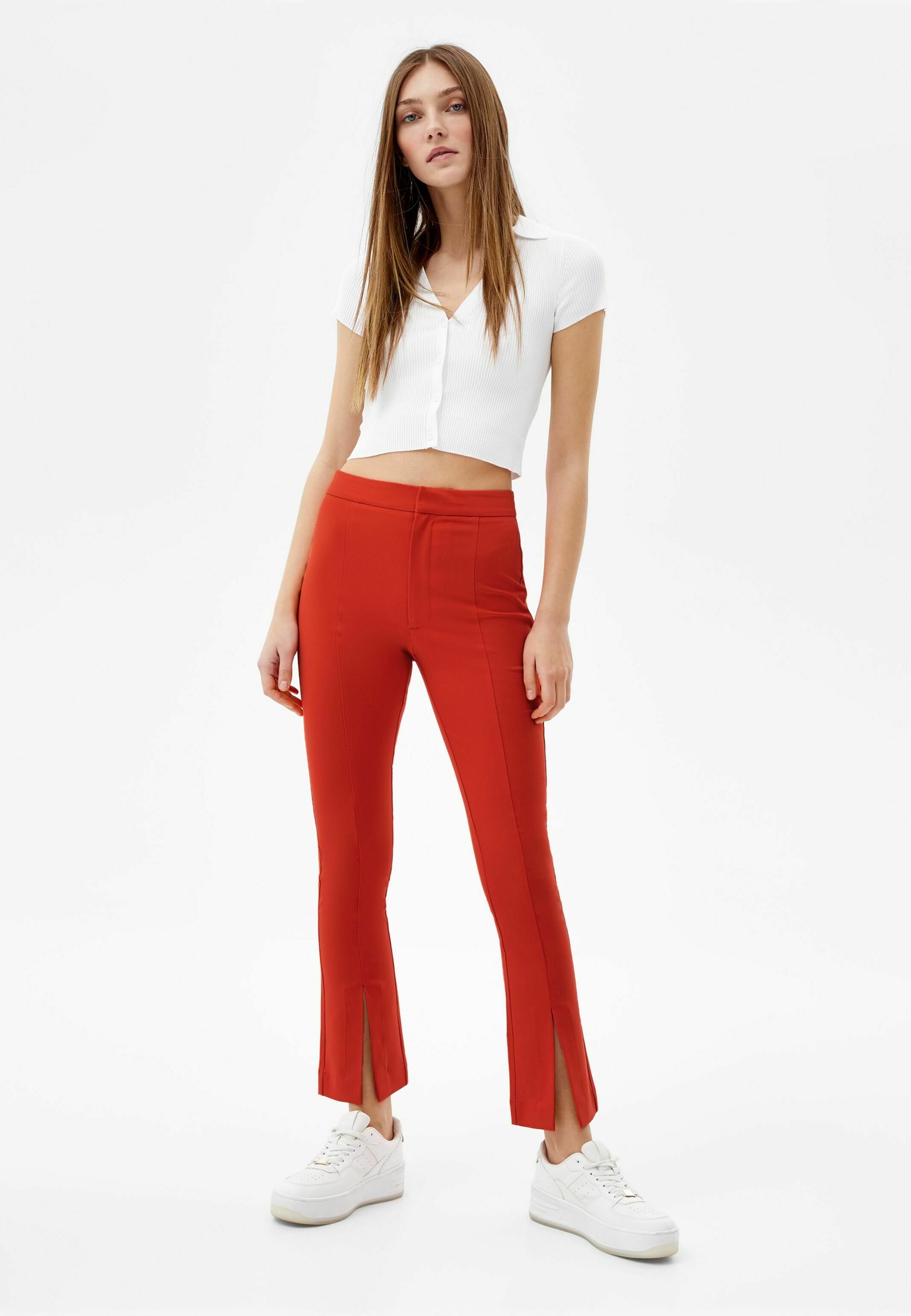 Bershka SPLIT KICK FLARE - Trousers - coral - Zalando.ie