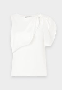 White sleeveless top with asymmetrical layered fabric detail and gathered puff on one shoulder, flat lay on white background.