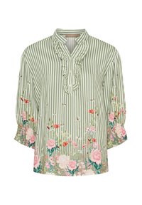 Grønstribet bluse med flæset krave, knapper og blomsterbroderi i pink, rød og blå på ærmerne og nederste kant.