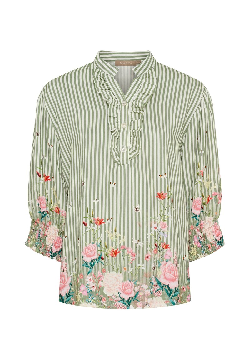 Grønstribet bluse med flæset krave, knapper og blomsterbroderi i pink, rød og blå på ærmerne og nederste kant.