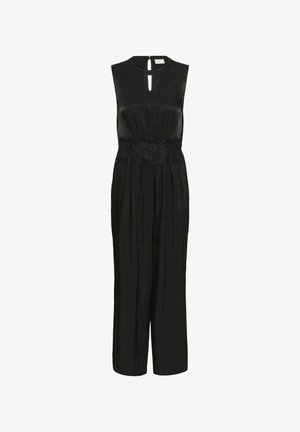 Zwarte mouwloze jumpsuit met een keyhole-halslijn, textuurstof, elastische kant tailleband en een wijd pijpontwerp.