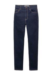 Jean slim en denim bleu foncé à cinq poches, fermeture par bouton et coutures contrastantes, présenté à plat sur un fond blanc.