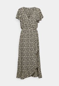 Musta kukkakuosinen kietaisumekko, jossa on beigeitä ja valkoisia kukkia. Lyhyet lepatushihat, vartalonmyötäinen vyötärö ja liehuva helma, jonka helma on hieman epätasainen.