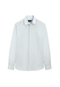 Lichtblauw langemouwen shirt met dunne verticale strepen, knoopsluiting aan de voorkant, puntige kraag en afgeronde zoom. Gemaakt van een gladde stof.