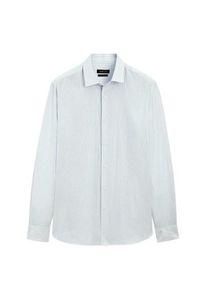 Lys blå langærmet skjorte med tynde lodrette striber, knaplukning foran, spids krave og rundet kant. Lavet af glat stof.