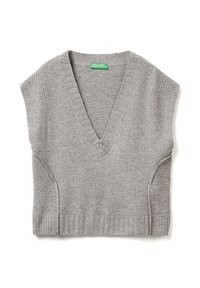Lichtgrijze mouwloze sweater met V-hals, met een geribbelde zoom en een gestructureerd breipatroon. Label zichtbaar in de halslijn.