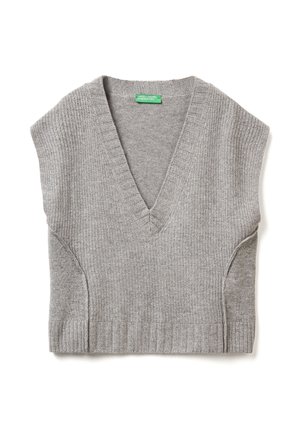 Maglione senza maniche grigio chiaro con scollatura a V, dotato di orlo a coste e motivo a maglia testurizzata. Etichetta visibile all'interno dello scollo.