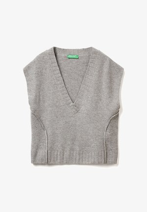 Maglione senza maniche grigio chiaro con scollatura a V, dotato di orlo a coste e motivo a maglia testurizzata. Etichetta visibile all'interno dello scollo.