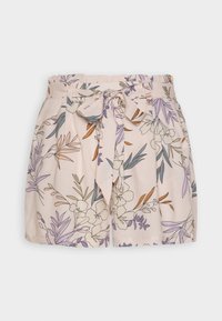 Lichtroze shorts met een bloemenprint in paarse, oranje en groene tinten. Elastische tailleband met een stoffen strikdetail aan de voorkant.