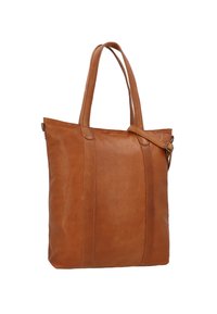 Bruine leren tote bag met twee handvatten, een afneembare schouderband en verticale naden. Gladde textuur met een minimalistisch ontwerp.