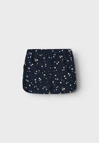 Navy blue shorts with a white floral pattern, made from soft fabric. Features an elastic waistband and side pockets.
