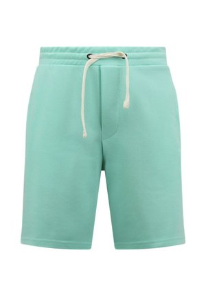 Lichtblauwe casual shorts met elastische tailleband en witte trekkoord, voornaaddetail, knielengte, effen stof.