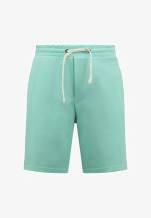 Lichtblauwe casual shorts met elastische tailleband en witte trekkoord, voornaaddetail, knielengte, effen stof.