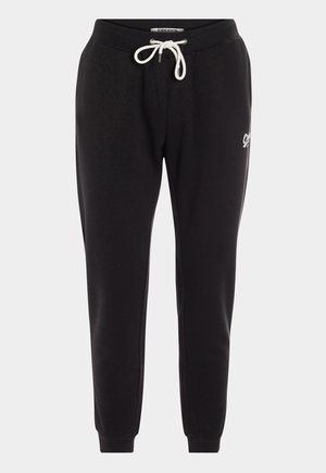 Pantaloni sportivi neri con chiusura a cordino e dettagli bianchi, caratterizzati da un logo sulla gamba sinistra e polsini a coste alle caviglie.