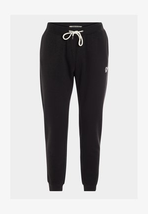 Pantaloni sportivi neri con chiusura a cordino e dettagli bianchi, caratterizzati da un logo sulla gamba sinistra e polsini a coste alle caviglie.
