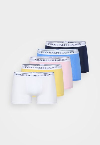 Öt pár boxer alsónemű fehér, sárga, rózsaszín, kék és tengerészkék színben, kontrasztos "POLO RALPH LAUREN" derékszíjjal.