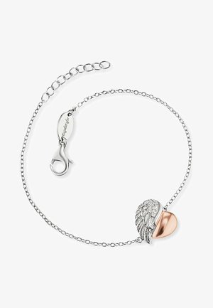 Silberne Kettenarmband mit einem Flügel- und Herzdesign, mit einem strukturierten Silberflügel und einem polierten Herzakzent aus Roségold. Karabinerverschluss.