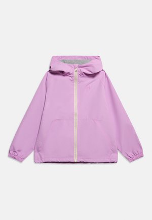 Light purple hooded jacket with front zipper, elastic cuffs, and front pockets, laid flat on a white background.