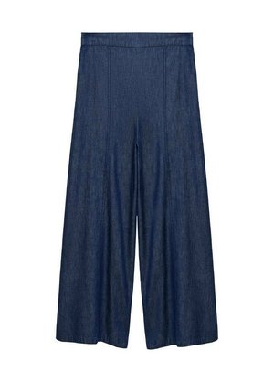 Denim culottes z širokim hlačnicami, enotne temno modre barve in gladke teksture. Imajo visok pas in podrobnosti šivov.
