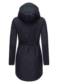 Navy blue, long-sleeve jacket with an adjustable hood, cinched waist, and a slightly curved hemline. Made from lightweight fabric.