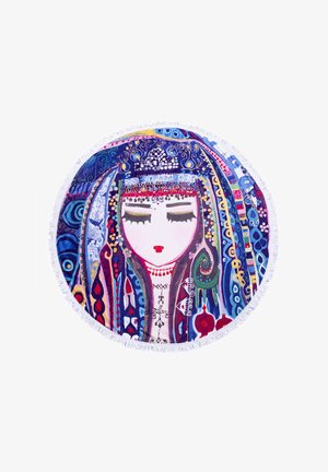 Round beach towel featuring a colorful illustration of a woman with closed eyes, intricate hair patterns, and fringe along the edge.