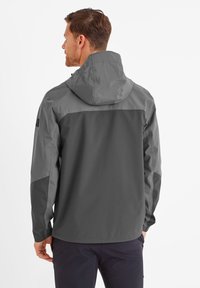 Men's jacket in dark gray, featuring a hood, a waterproof design, and contrasting lighter gray panels on shoulders and sleeves.