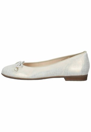 White fabric ballet flat with a textured finish, a small bow detail at the toe, and a low, brown heel.