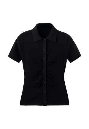 Zwarte blouse met korte mouwen, knopen, kraag en geplooid stofdetail aan de voorkant in het midden.