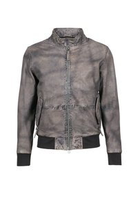 Lederbomberjacke mit einem verwitterten grauen Finish, Reißverschluss, zwei Seitentaschen und kontrastierenden schwarzen Strickbündchen und -bund.