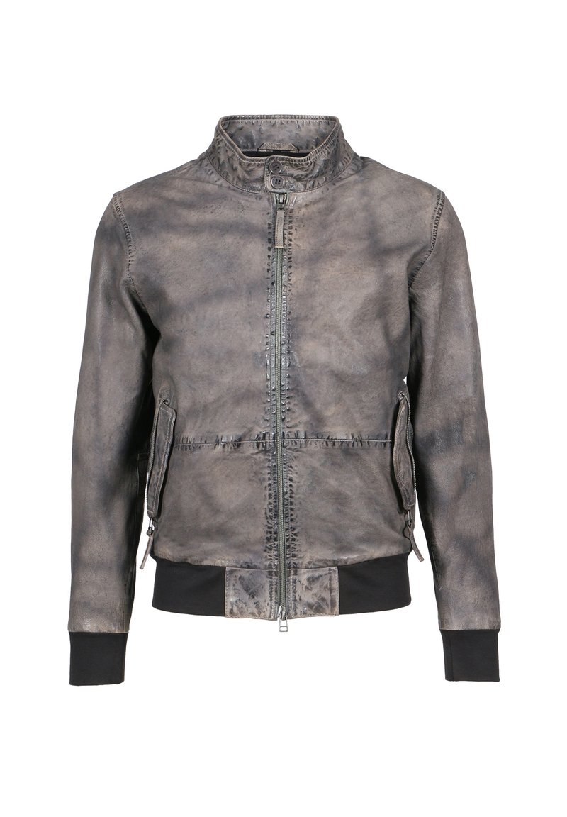 Lederbomberjacke mit einem verwitterten grauen Finish, Reißverschluss, zwei Seitentaschen und kontrastierenden schwarzen Strickbündchen und -bund.