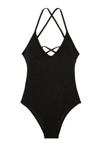 Maillot de bain une pièce noir avec un décolleté en V profond, des bretelles croisées dans le dos, et un tissu texturé comportant de subtils accents métalliques.