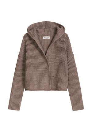 Strick-Hoodie-Cardigan in Taupe mit strukturiertem Muster, offenem Vorderteil und langen Ärmeln. Mittlere Länge mit minimalen Hardware-Details.