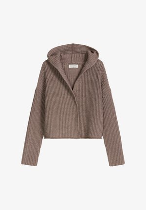 Knit hoodie cardigan in taupe, featuring a textured pattern, open front, and long sleeves. Mid-length cut with minimal hardware detail.
