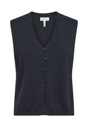 Tamno plavi bezrukavni pleteni prsluk s dekolteom u obliku slova V, prednjim zatvaranjem na dugmad i rebrastom teksturom. Ima ravni rub i nema uzoraka ili akcenata.