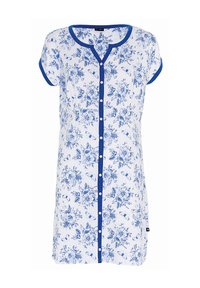 Abito bianco con motivo floreale blu, maniche corte, colletto rotondo e rifiniture blu. Presenta una chiusura frontale con bottoni e una vestibilità ampia.