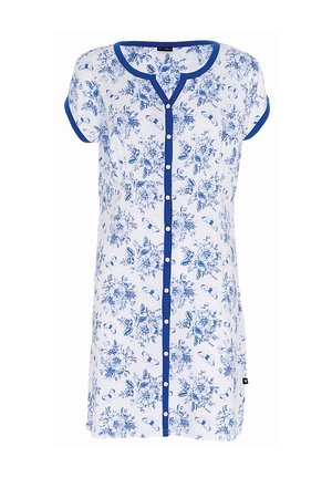 Abito bianco con motivo floreale blu, maniche corte, colletto rotondo e rifiniture blu. Presenta una chiusura frontale con bottoni e una vestibilità ampia.