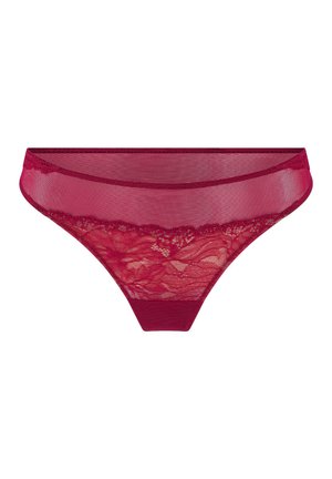 Rode kant thongs met een bloemenpatroon, semi-doorzichtig gaasstof en een gladde tailleband. Heeft een solide achterpaneel en delicate geschulpte randen.