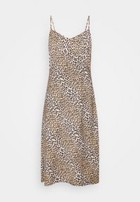 Šaty se vzorem leopardí kůže, s nastavitelnými tenkými ramínky, přiléhavým živůtkem a rozšířeným lemem, vyrobené z lehké, texturované látky v béžové a hnědé barvě.